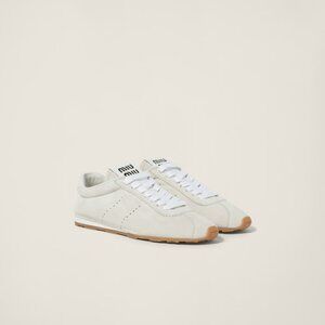 MIU MIU WOMENS White Plume Suede Logo Sneaker Size EU 38 US 7.5 NEW IN BOX
